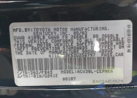 2003 Toyota Camry Le from USA, damaged, VIN 4T1BE32K53U256797